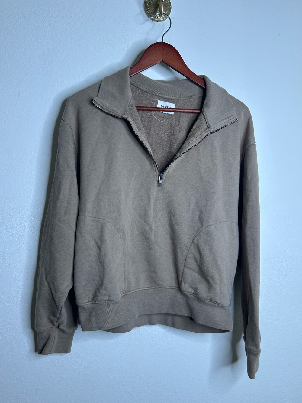 MATE The Label 100% Organic Cotton Fleece Quarter Zip Sweatshirt in Mushroom - Picture 5 of 13